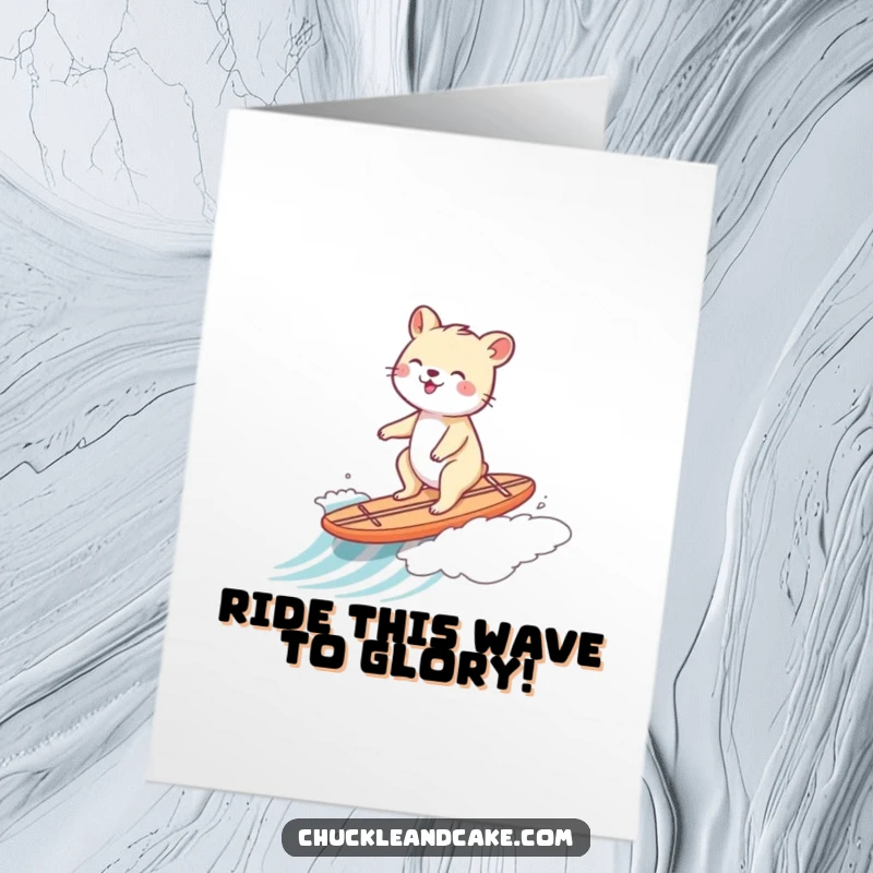 Funny Free Printable Congratulations Card: Animal gleefully surfing a small wave on a tiny surfboard, celebrating a big achievement.