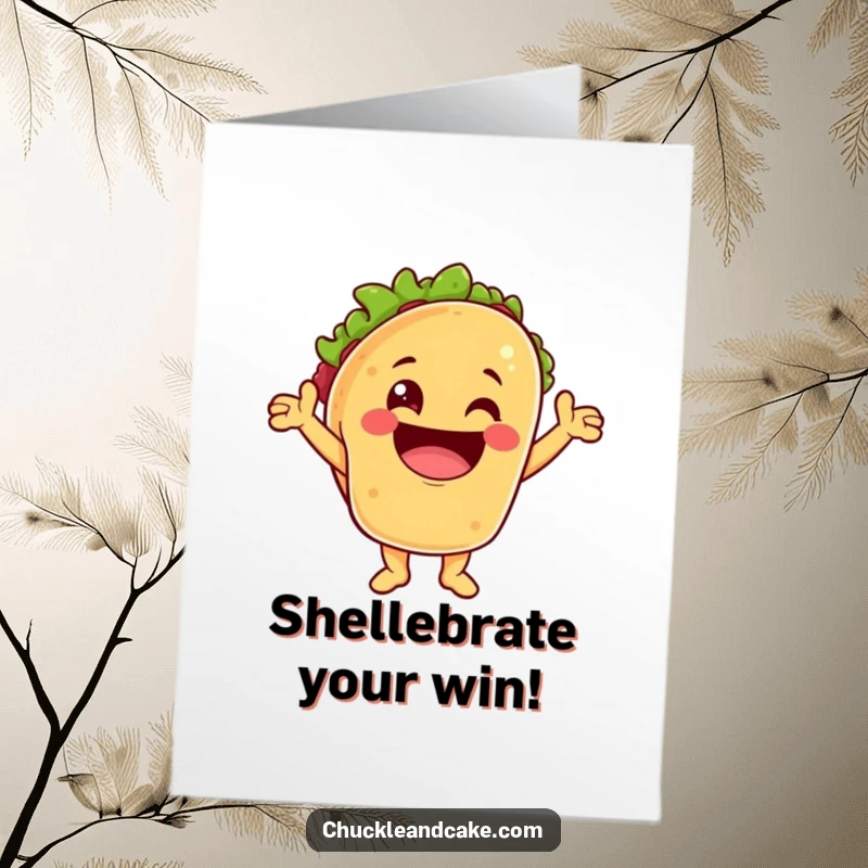 Funny Free Printable Congratulations Card: a taco character mid-cheer, boasting an enormous, infectious grin of pure delight.