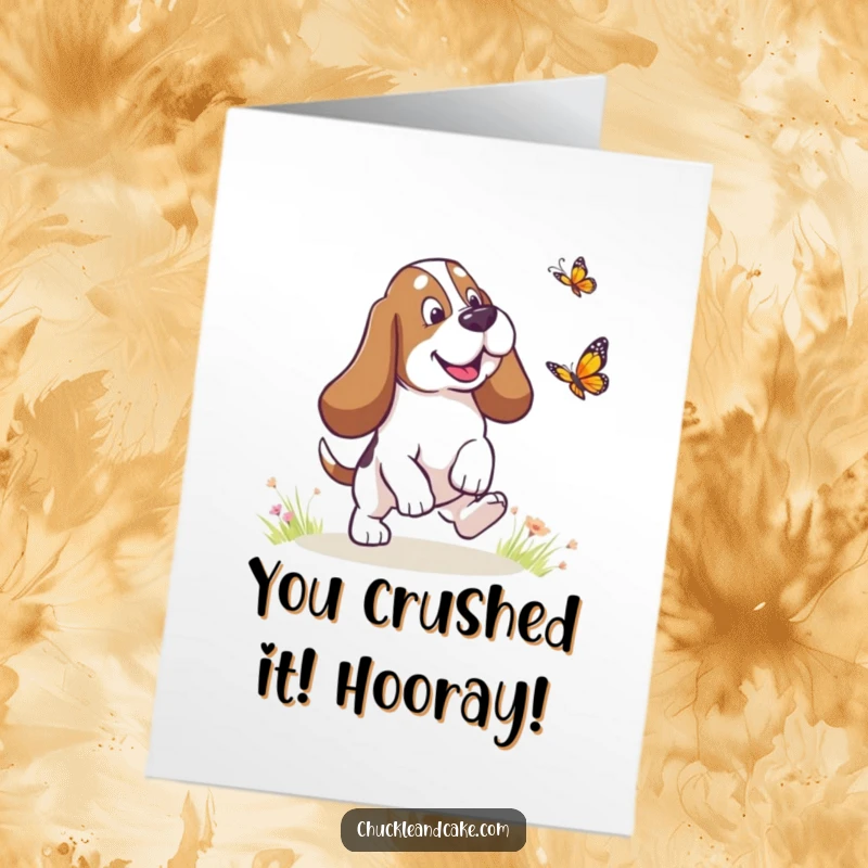 Funny Free Printable Congratulations Card: A Basset Hound with long droopy ears playfully pursues a butterfly, symbolizing happy achievements.