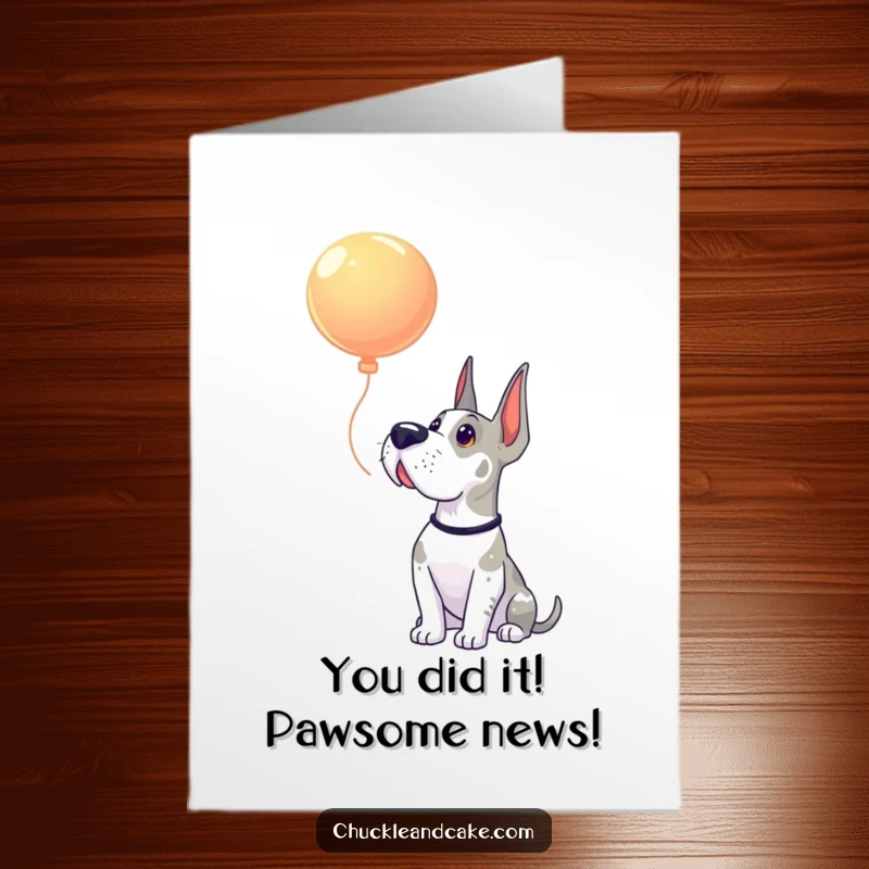 Free Printable Congratulations Card: Grand Dane mesmerized by a floating balloon, capturing a moment of pure amazement.