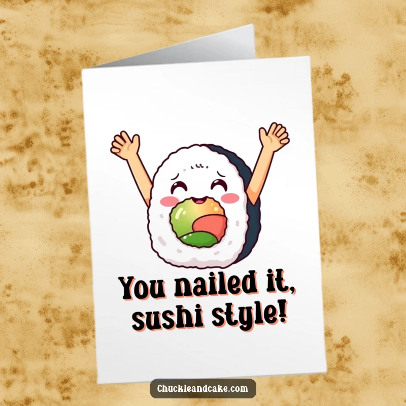 Funny Free Printable Congratulations Card showing a delighted sushi roll character with arms triumphantly raised in festive celebration.
