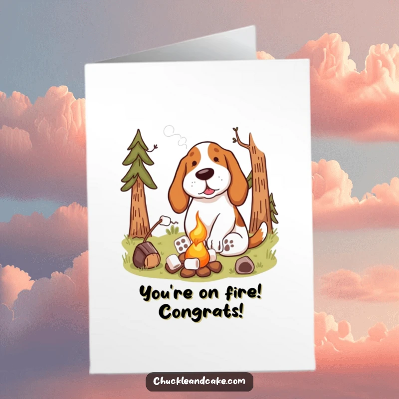 Funny Free Printable Congratulatory Card: A Basset Hound enjoys a sweet, toasted marshmallow by a cheerful campfire glow.