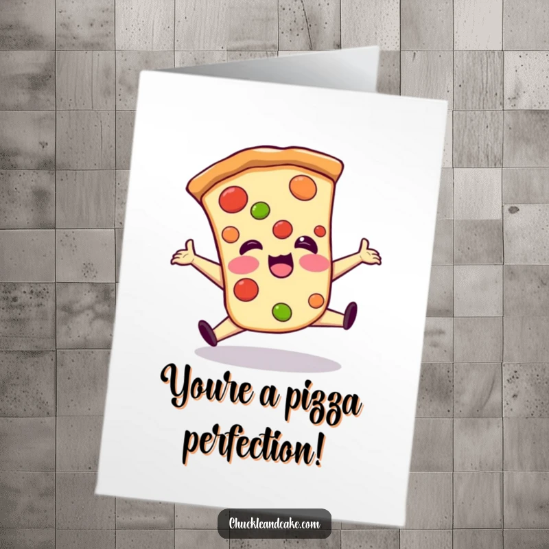 Funny Free Printable Congratulations Card: A pizza slice giggling while doing a clumsy split. Congratulations are in order!