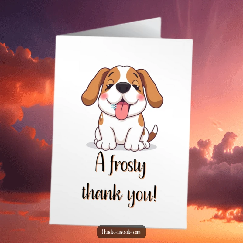 Funny Free Printable Thank You Card: Basset Hound with ears flopped, catching a snowflake with delight.