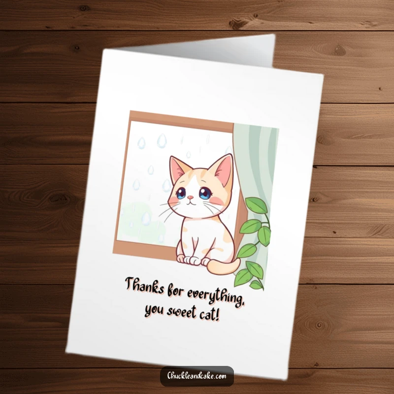 Funny Free Printable Thank You Card: Bobtail cat sits by a window, watching raindrops with a thankful heart.