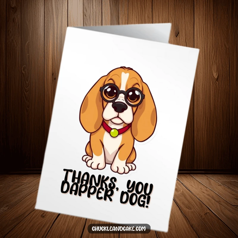 Charming free printable thank you card with a Basset Hound sporting a monocle, offering a polite and humorous expression of thanks.