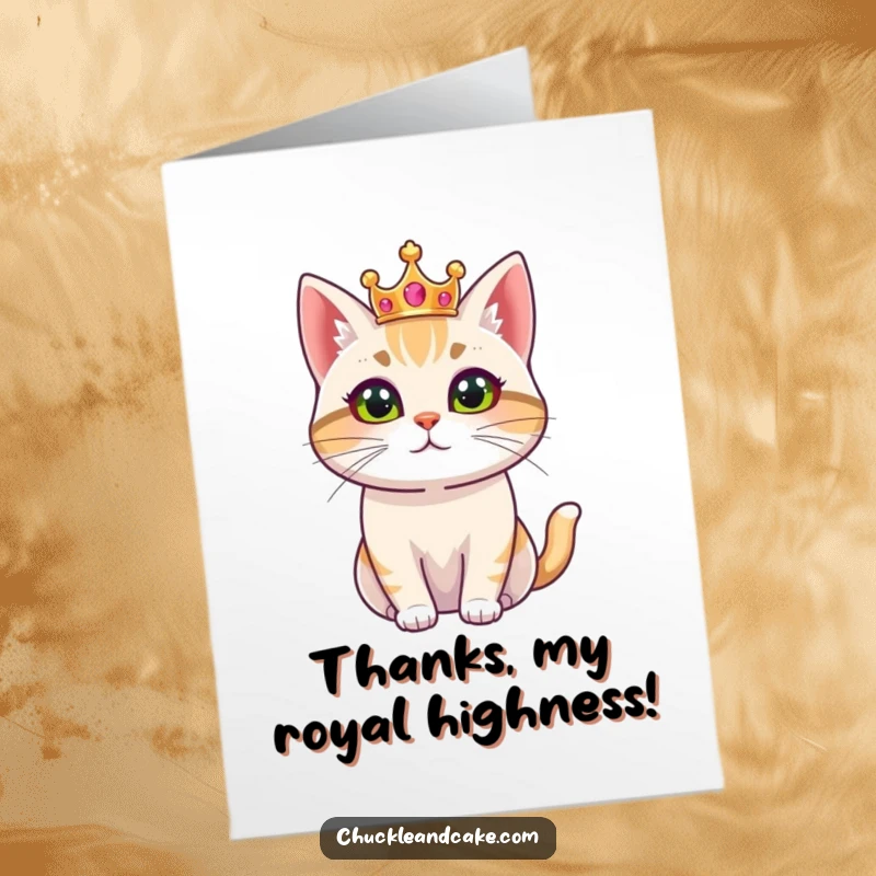 Funny Free Printable Thank You Card: A Bobtail cat in a small crown looks regal, accepting your thanks gracefully.