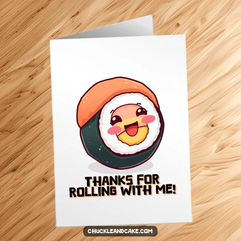 Funny Free Printable Thank You Card: A beaming sushi roll spins happily on its side, conveying thanks with a delightful motion.