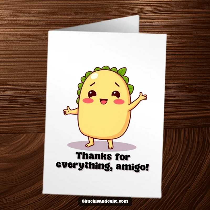 Funny Free Printable Thank You Card: A chuckling taco dances with a lime as a partner, expressing thanks with a playful twist.