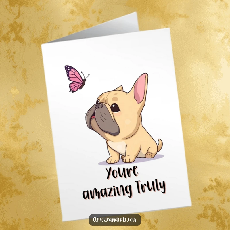 Funny Free Printable Thank You Card featuring a Bullmastiff looking up with gentle curiosity at a butterfly, a sweet gesture of thanks.
