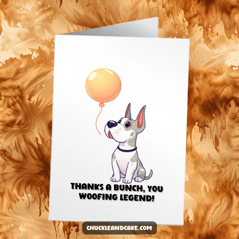 Funny Free Printable Thank You Card: Grand Dane looking up with wide eyes at a floating balloon, full of curiosity.