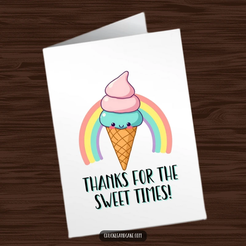 Funny Free Printable Thank You Card: A cheerful ice cream cone slides down a rainbow, conveying sweet thanks.