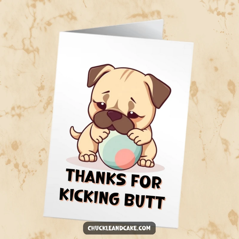 Funny Free Printable Thank You Card: A Bullmastiff gently nudging a bouncing ball conveys thanks with playful energy.