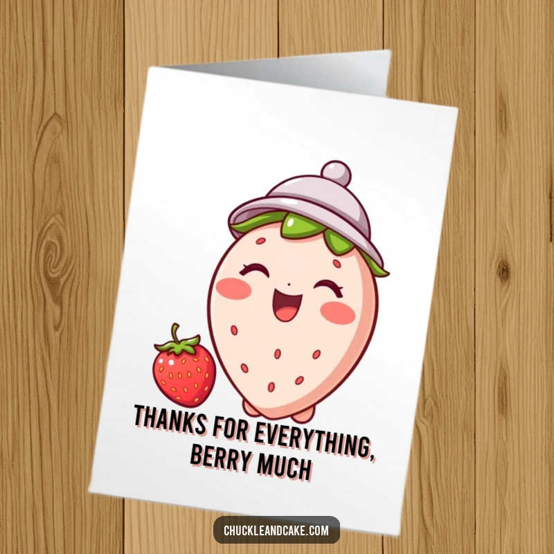 Funny free printable thank you card: A joyful strawberry adorned with a tiny hat, giggling heartily to show sincere appreciation.