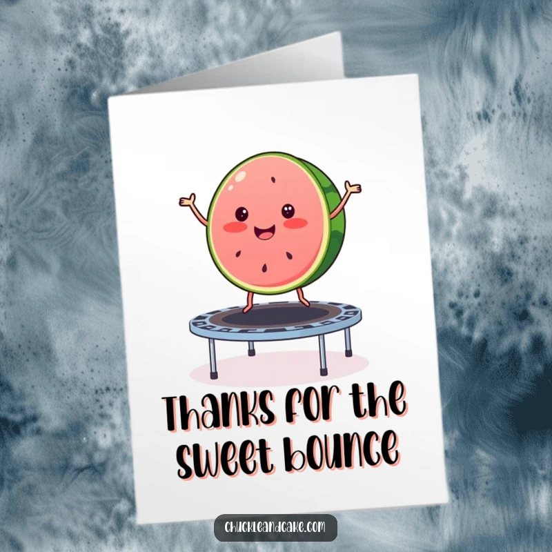 Funny free printable thank you card: A happy watermelon slice bouncing energetically on a trampoline, expressing thanks with fruity cheer.