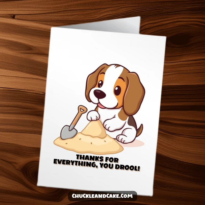 Funny Free Printable Thank You Card: A Basset Hound beaming beside its impressive sandcastle creation.