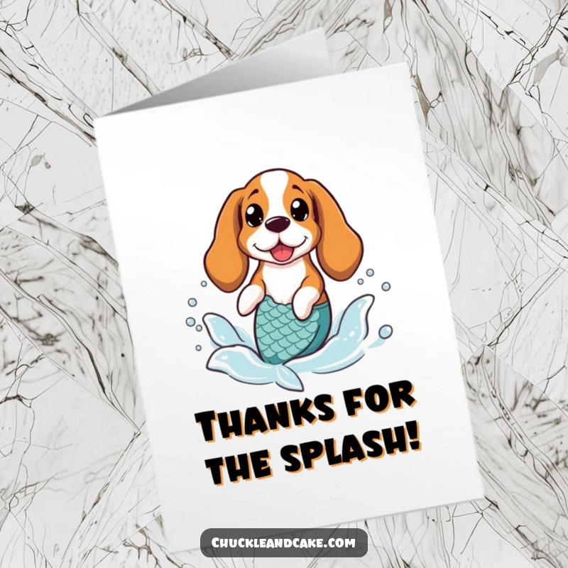 Funny Free Printable Thank You Card: A Basset Hound with a dazzling mermaid tail splashes happily in the sea.