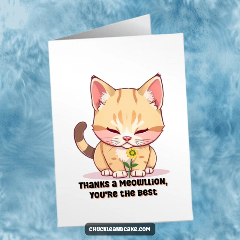 Funny Free Printable Thank You Card: A fluffy bobtail cat with a curious expression sniffing a single small flower.