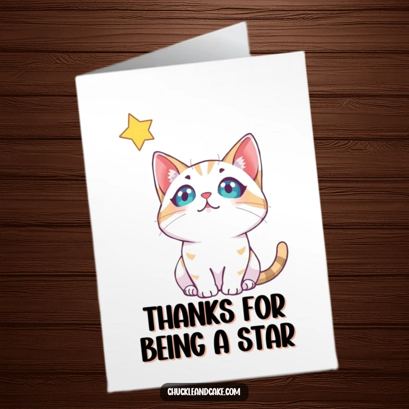Funny free printable thank you card with a wide-eyed bobtail cat admiring a sparkly star above.