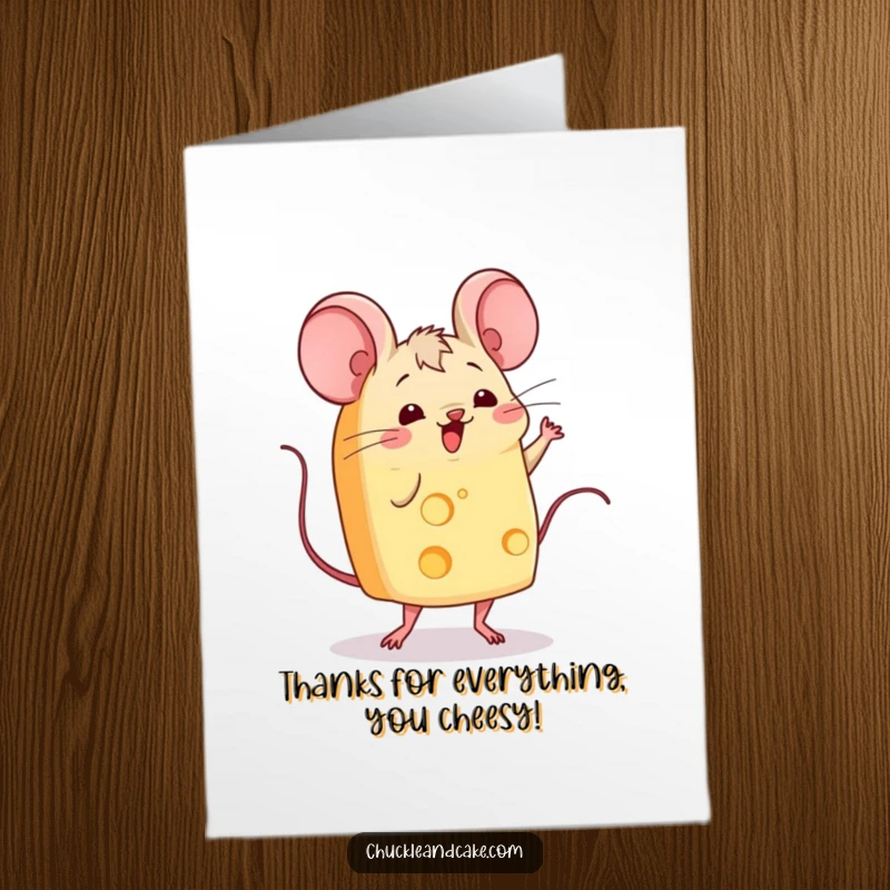 Funny Free Printable Thank You Card depicting a wiggling slice of cheese with mice ears dancing a jig.