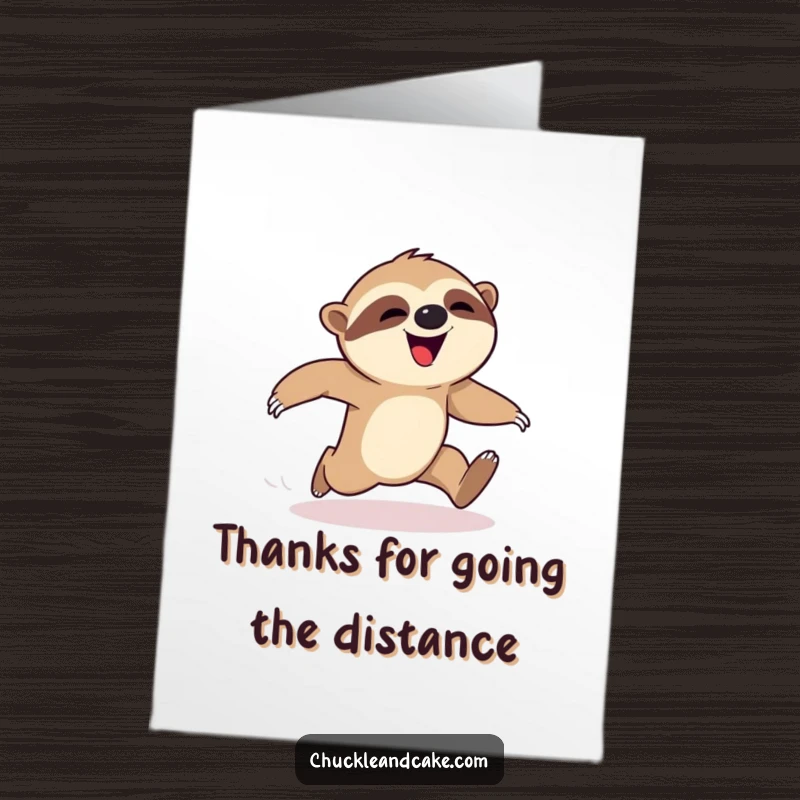 Funny free printable thank you card: A cheerful sloth hilariously falling over during a race, a lighthearted way to express thanks and amusement.