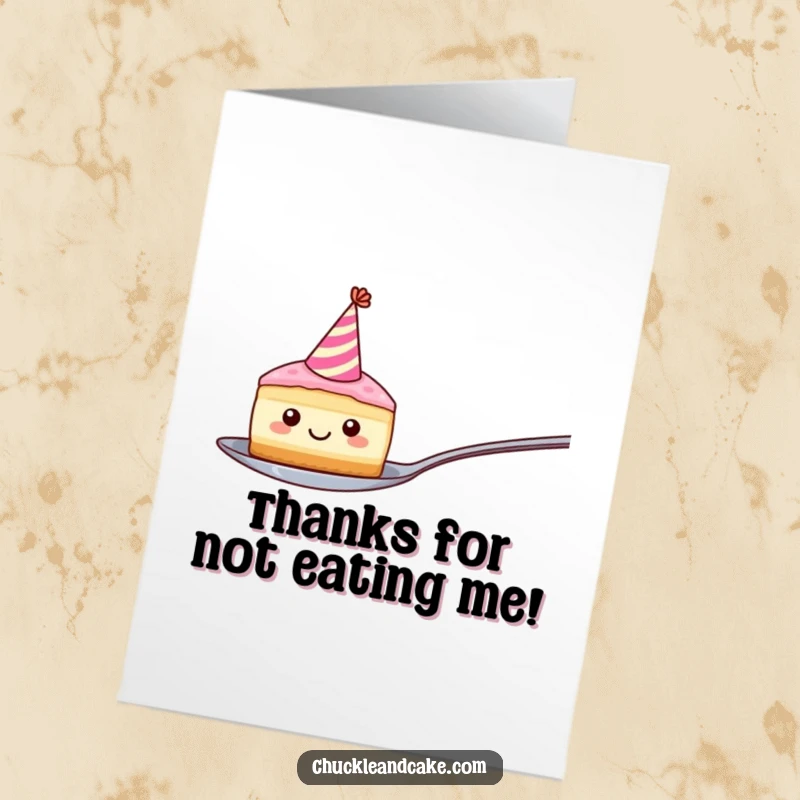 Funny Free Printable Thank You Card: A smiling cake slice with a party hat balancing precariously on a spoon, saying thanks.