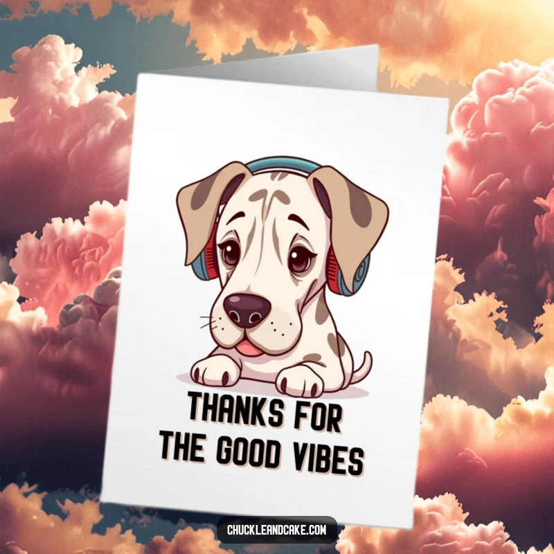 Funny Free Printable Thank You Card: Grand Dane with ear warmers on, headphones perhaps, bopping head to unheard music, pure bliss.