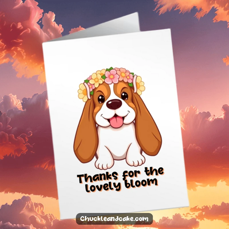 Funny Free Printable Thank You Card: A Basset Hound wearing a flower crown offers a smiling thank you.