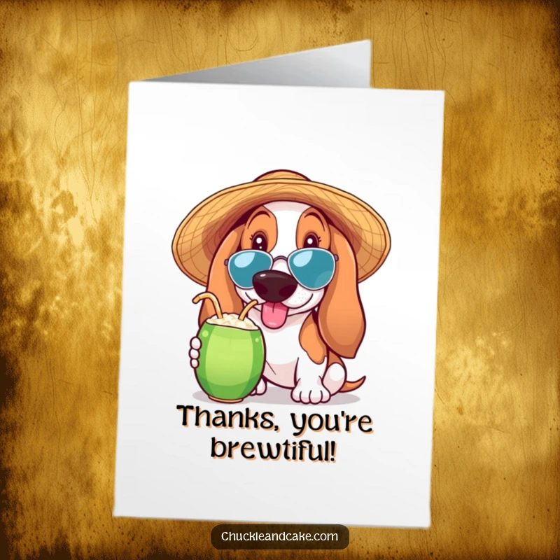 Funny Free Printable Thank You Card: A Basset Hound in a sun hat, holding a coconut drink, sending thanks.