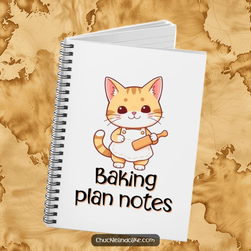 Funny Bobtail cat notebook featuring a cat in an apron holding a rolling pin, perfect for recipe writing.