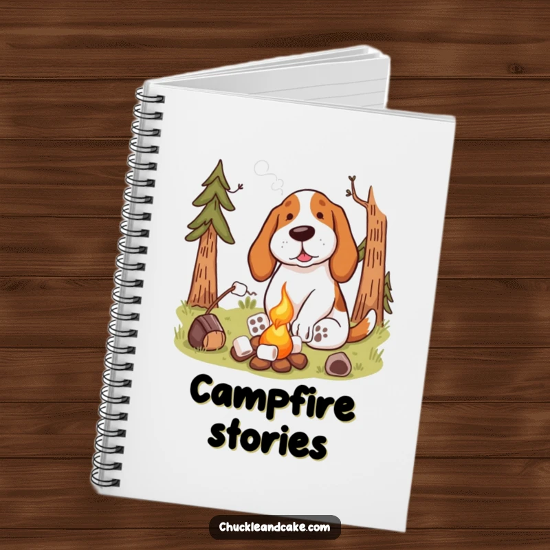 Funny Basset Hound Campfire Notebook featuring a dog toasting marshmallows, great for jotting down outdoor memories.