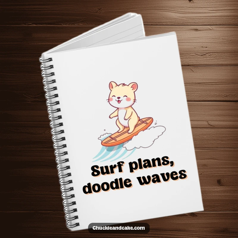 Funny notebook cover art of an animal gleefully riding a tiny surfboard down a gentle wave.