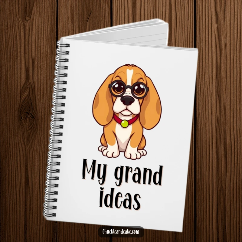 Funny Basset Hound notebook, cover shows a droopy-eared dog with a monocle, humorously regal, perfect for elegant notes.