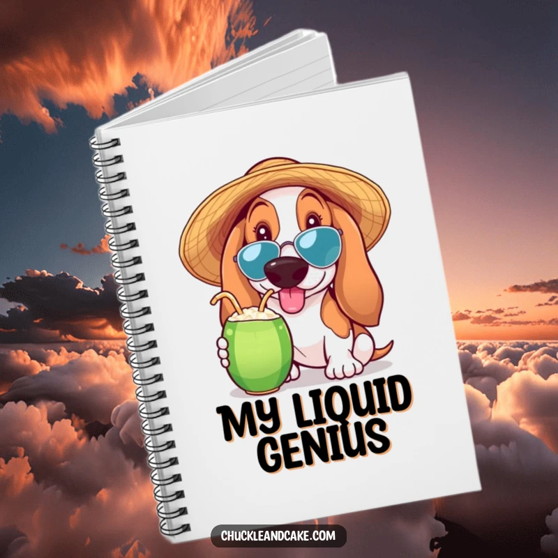 Funny Basset Hound notebook showing a Basset Hound in a sun hat sipping a coconut drink, perfect for note-taking and planning.