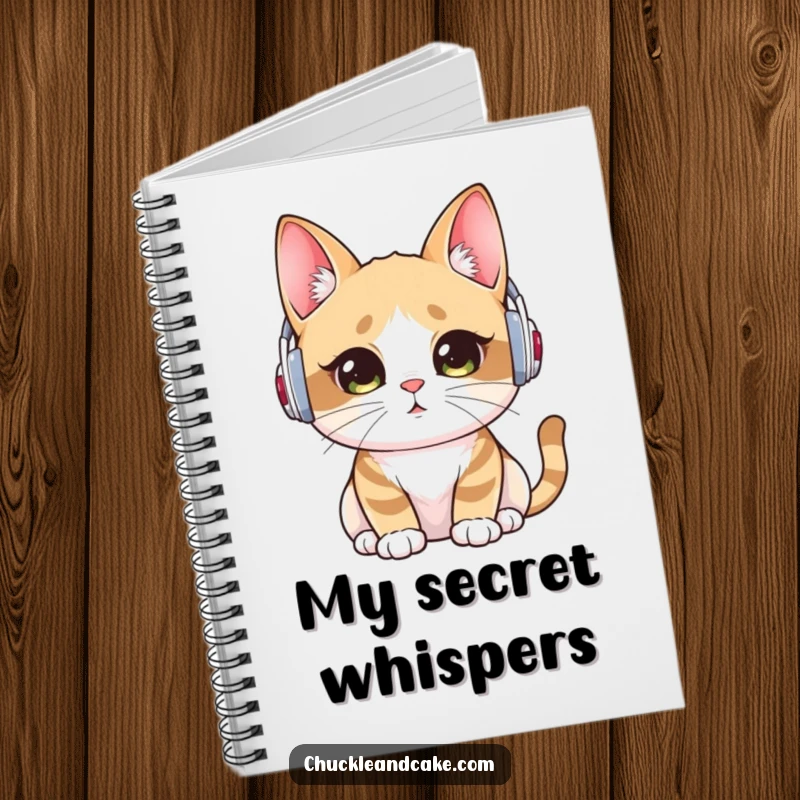 Funny notebook adorned with a Bobtail cat wearing ear warmers, listening intently, perfect for jotting down notes and secrets.