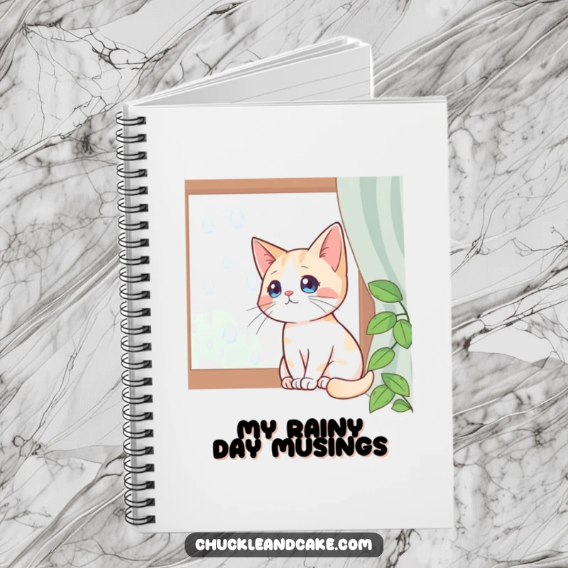 Funny notebook adorned with a Bobtail cat sitting by a window, watching raindrops, perfect for jotting down thoughts and reflections.