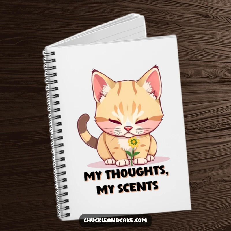 Funny Bobtail cat with its nose near a small flower, perfect for jotting down notes in this humorous and charming notebook.