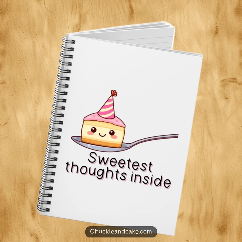 Funny notebook cover featuring a smiling cake slice with a party hat, poised on a spoon, inspiring sweet thoughts and laughter.