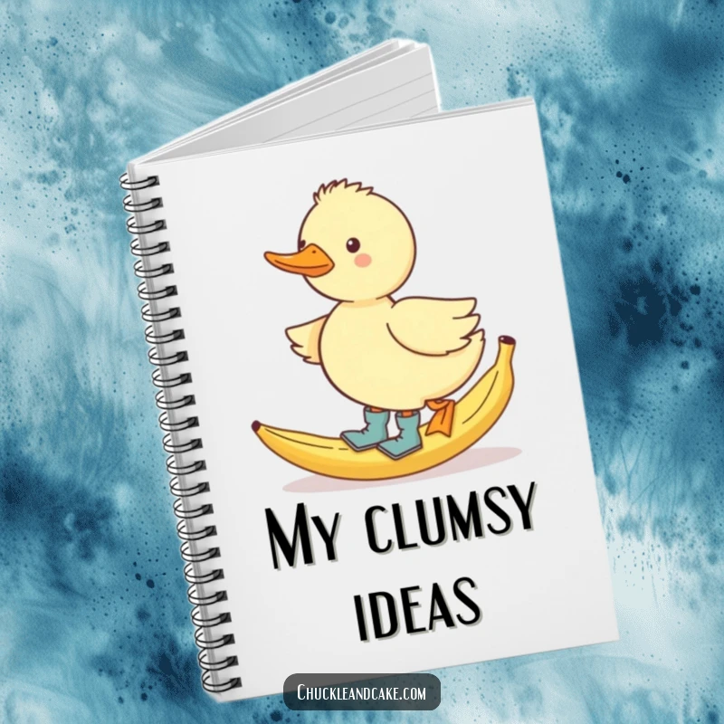 Funny waddling duck in boots, slipping on a banana peel, on a notebook cover.