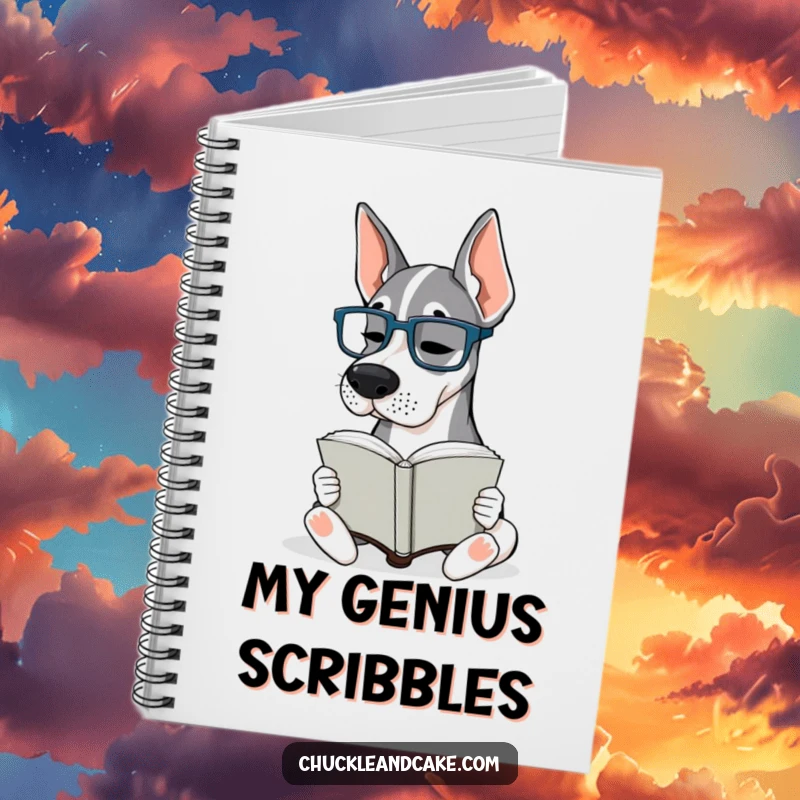 Funny Grand Dane Glasses Notebook: A Grand Dane wearing tiny glasses intently reads a book, ready for your notes.