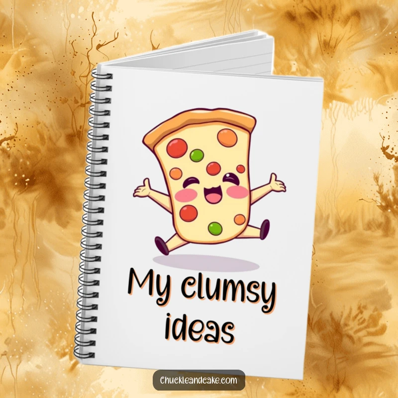 Funny notebook cover featuring a giggling pizza slice in a clumsy split, perfect for jotting down thoughts with edible humor.