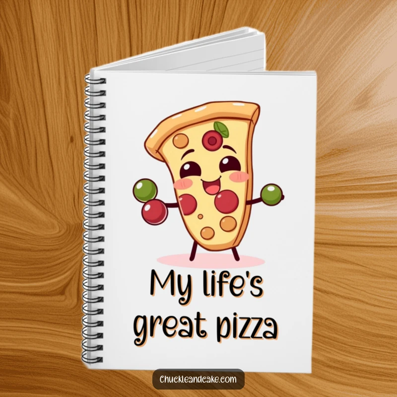 Funny notebook with a giggling pizza slice juggling olives, ideal for jotting down notes with a humorous, pizza-loving twist.