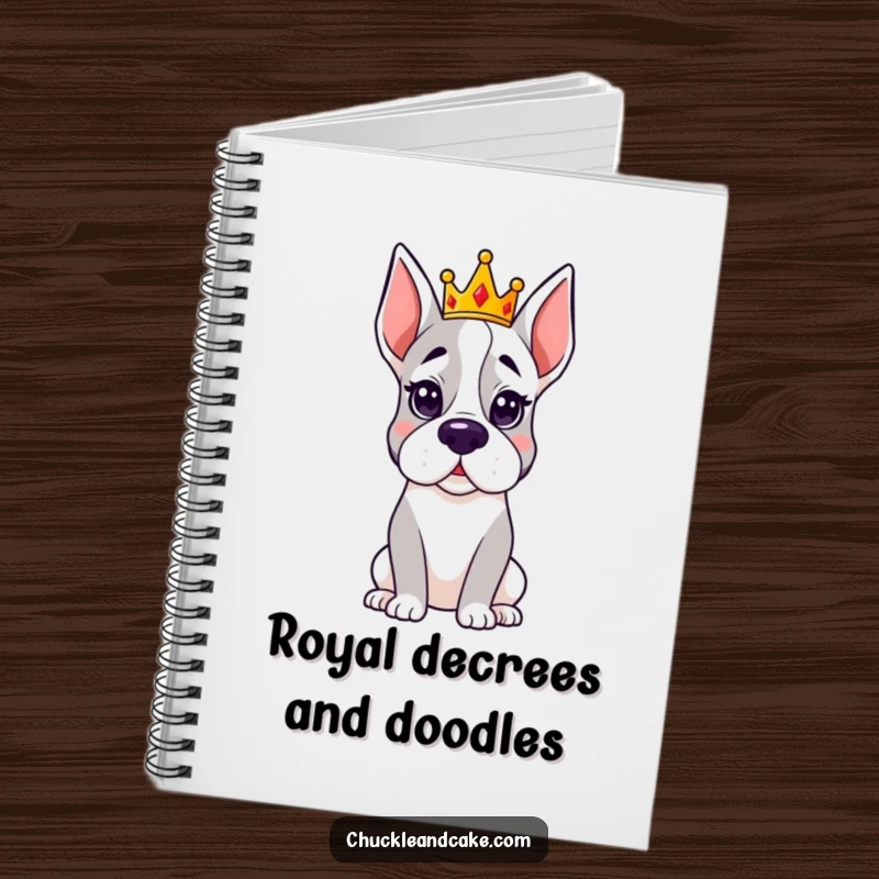 Funny Grand Dane notebook showing a dog wearing a small crown, looking regal and ready to rule with humor.