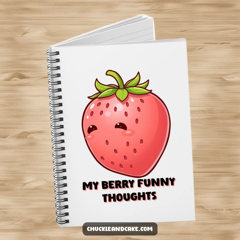 Funny strawberry with leaves giggling uncontrollably, a notebook featuring a tickled fruit character perfect for capturing humorous thoughts.