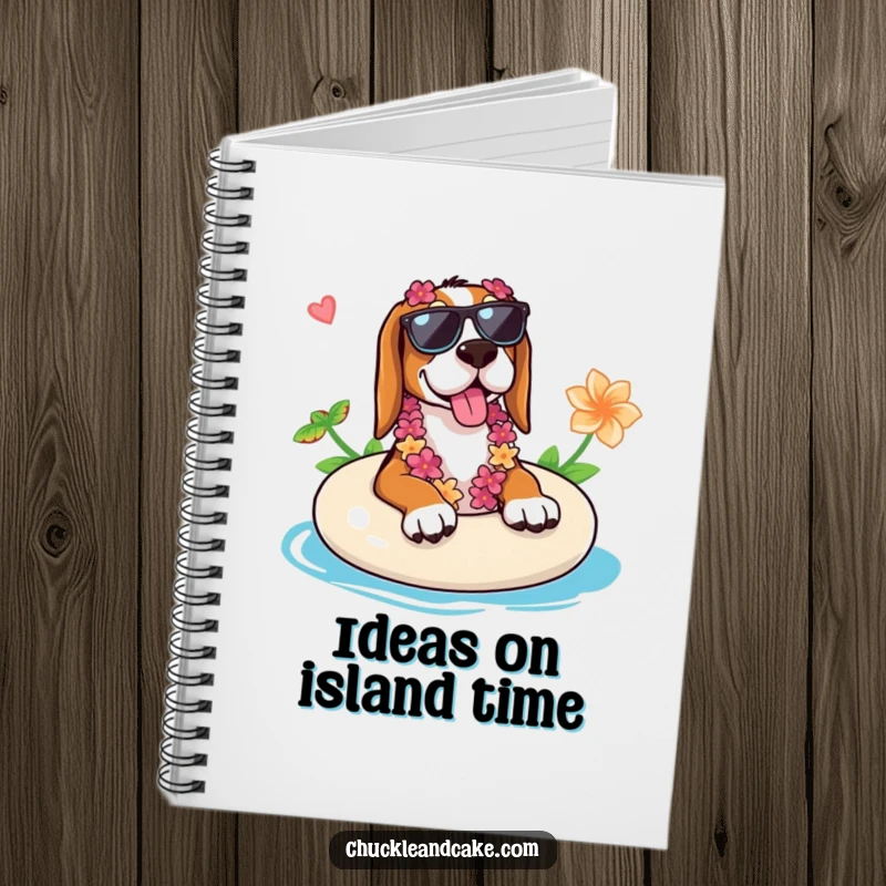 Funny Basset Hound notebook showing a Basset Hound in sunglasses and a lei relaxing on a float, perfect for note-taking.