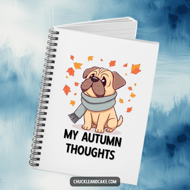 Funny notebook with a Bullmastiff dog in a scarf, looking at falling leaves, ideal for capturing autumn thoughts.
