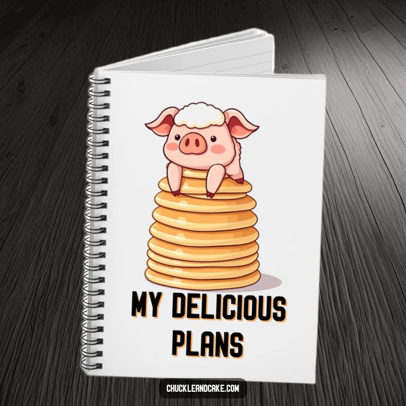 Funny sheepish pig balancing a tower of pancakes on a notebook cover, perfect for cute and funny note-taking.