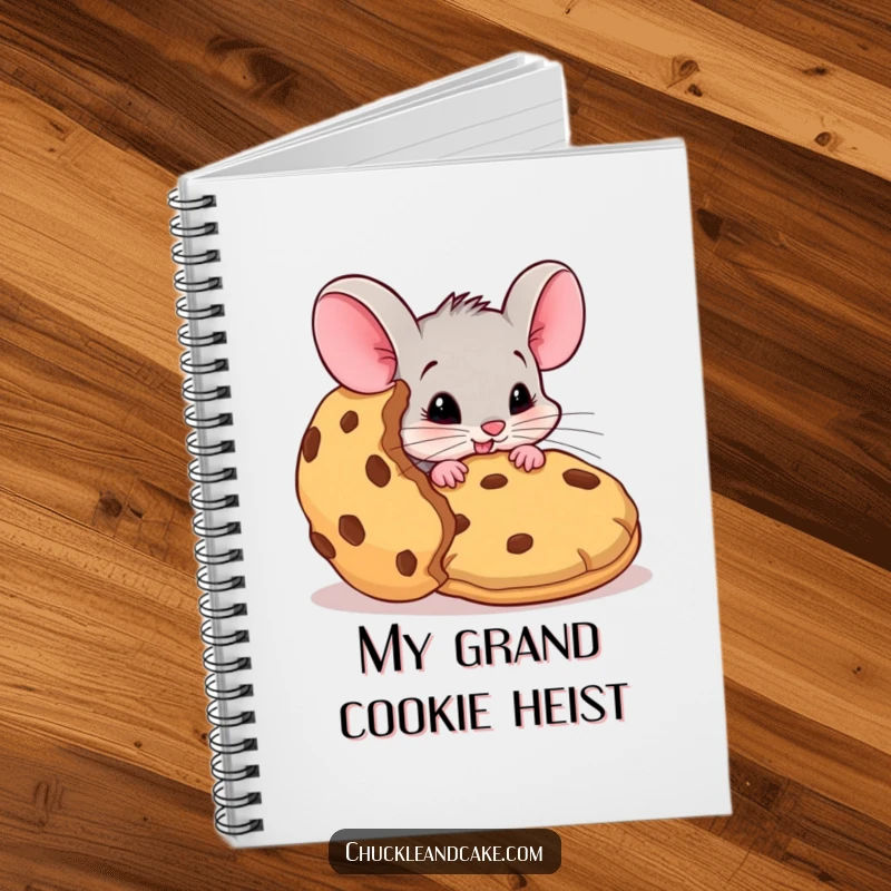 Funny mouse notebook, spiral-bound journal with a mischievous mouse planning to steal a cookie, cute stationery, humorous writing tool, ideal funny gift.