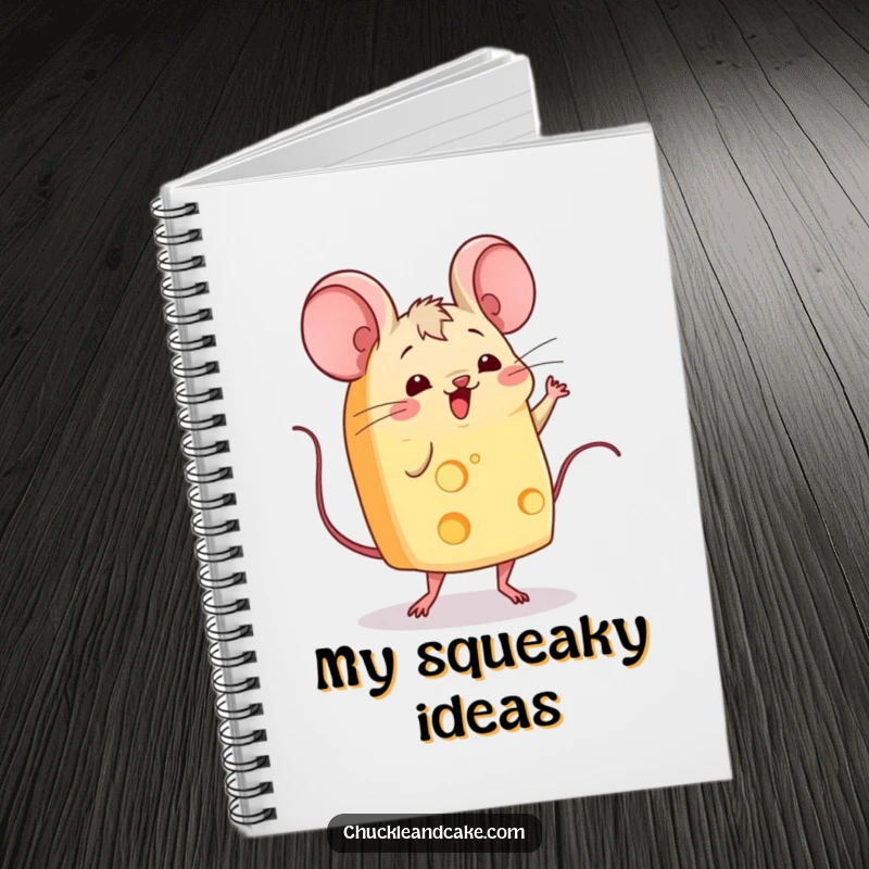 Funny slice of cheese with mice ears wiggling and doing a jig, a notebook featuring a dancing food character for creative writing.