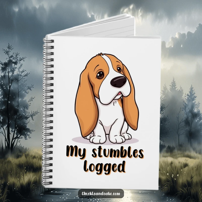 Funny Basset Hound with droopy ears tripping over its own long ears, clumsy dog notebook, droopy ears charm, useful funny gift.